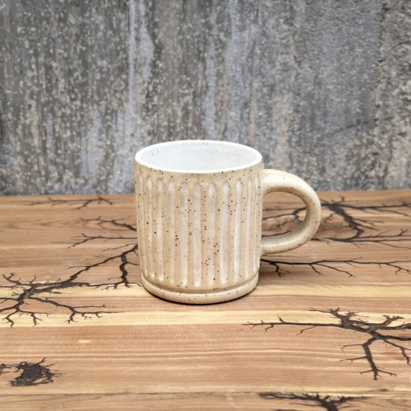 Beige with white vertical lines, handmade mugs