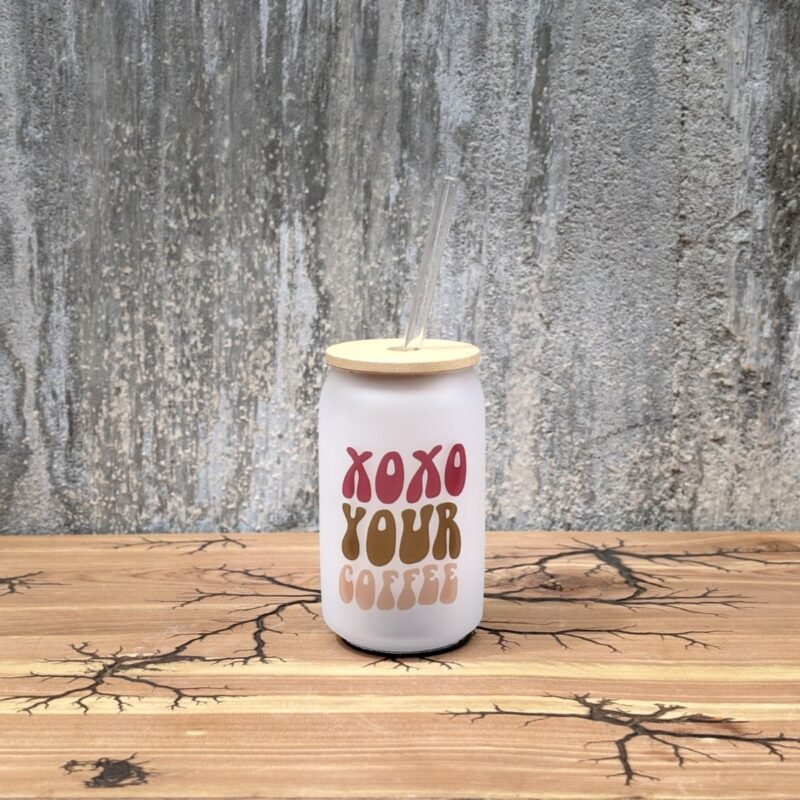 "XOXO Your Coffee" glass cup with bamboo lid and glass straw